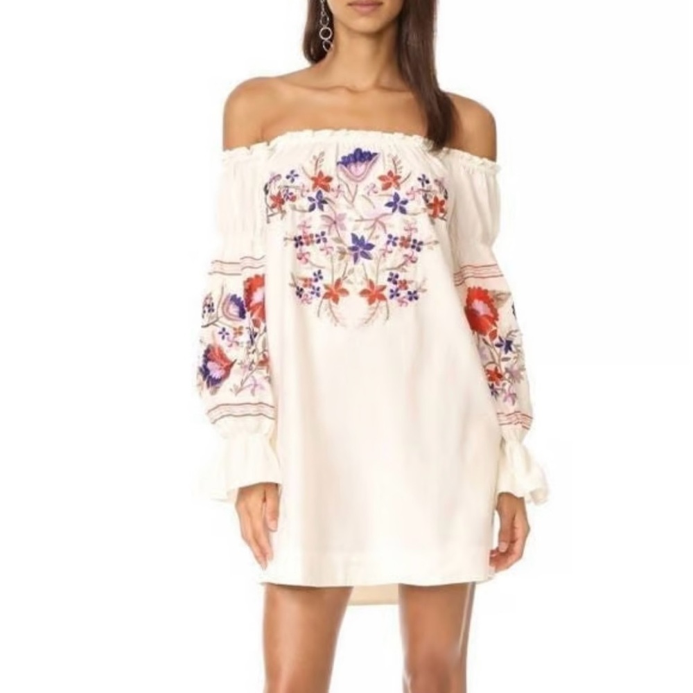 Free People Off the shoulder Embroidered Ivory mini Dress Fleur de Jour  XS